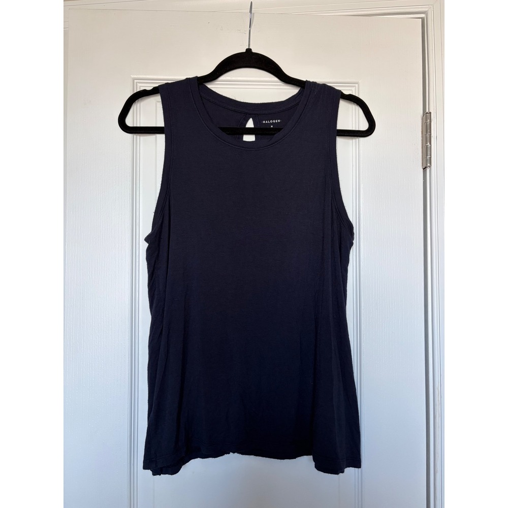 Halogen Navy Blue Sleeveless Keyhole Back Split Hem Tank Top Medium